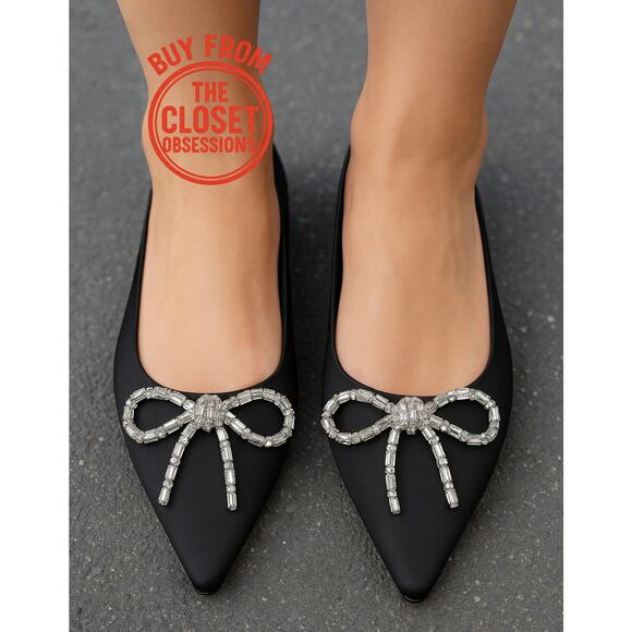 ZARA Black Embellished Bow Flats NWT Size 7.5 - Picture 3 of 16